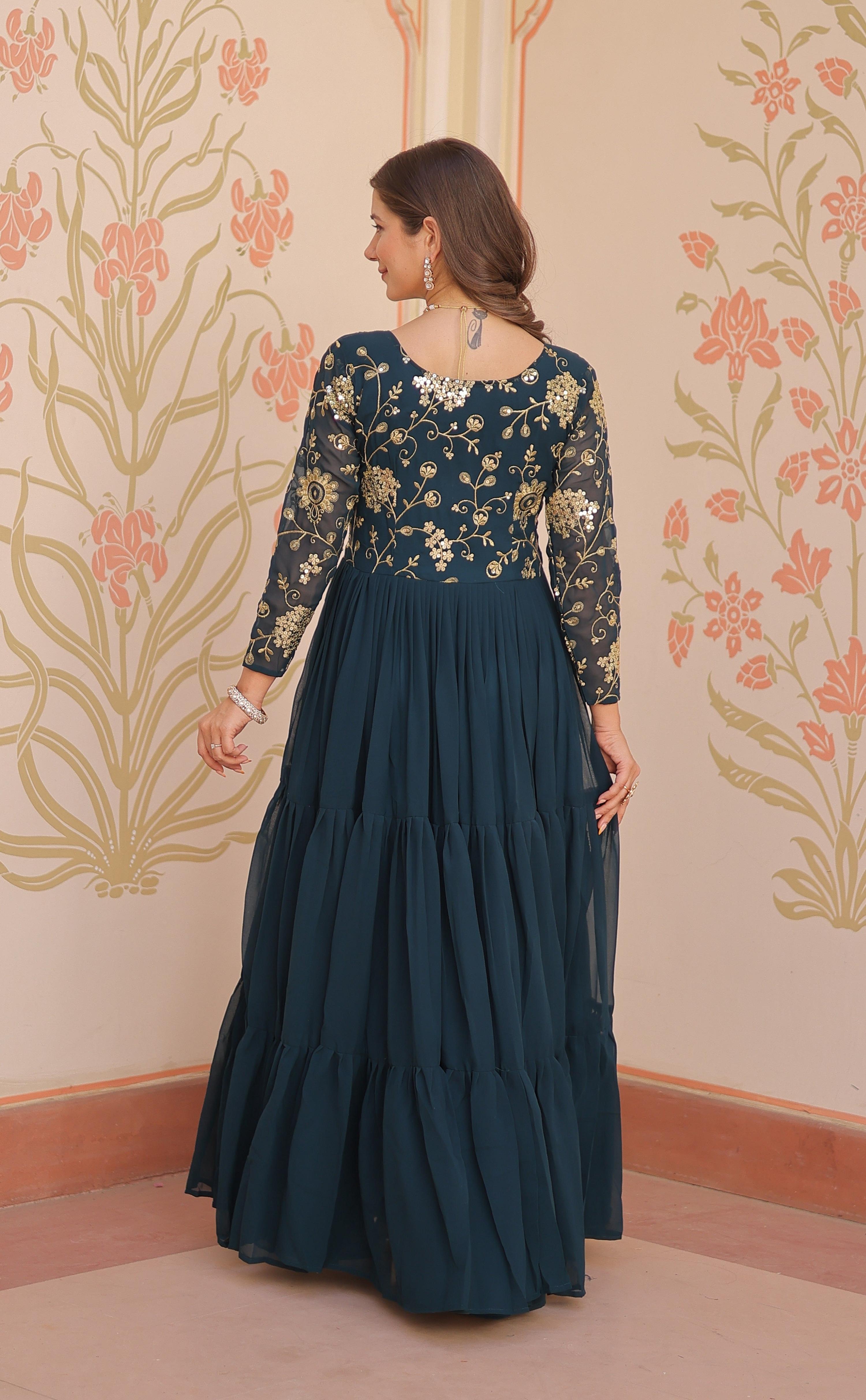 Vedant Vastram Georgette Embroidery & Sequence Work Stitched Ethnic Gown-Rama | Grocsy