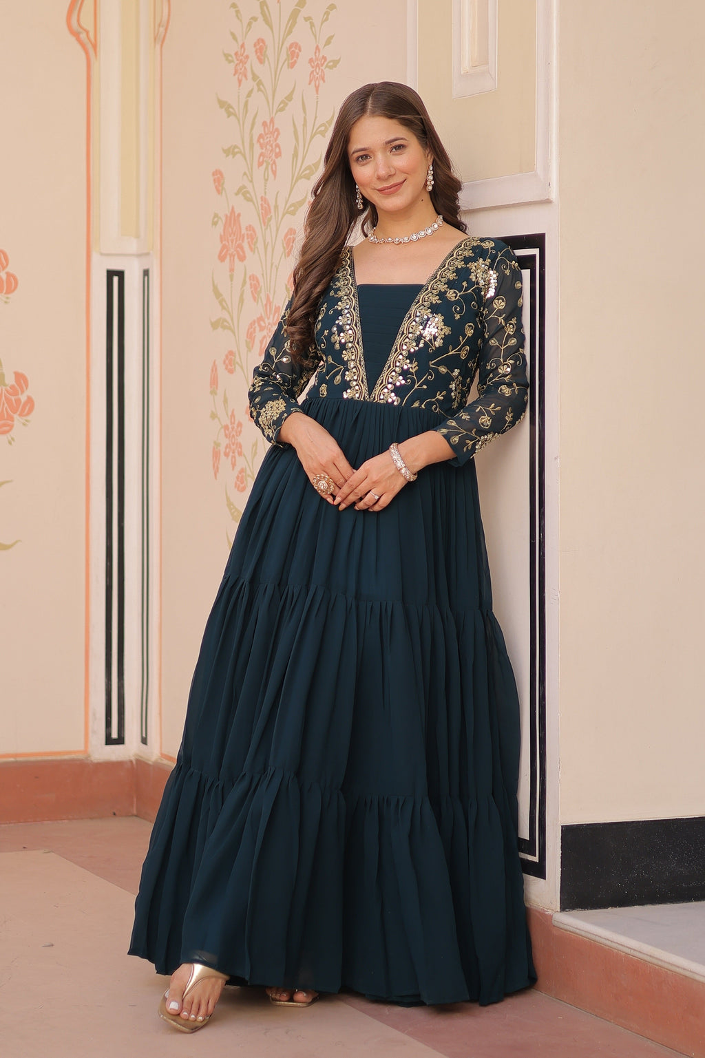 Vedant Vastram Georgette Embroidery & Sequence Work Stitched Ethnic Gown-Rama | Grocsy