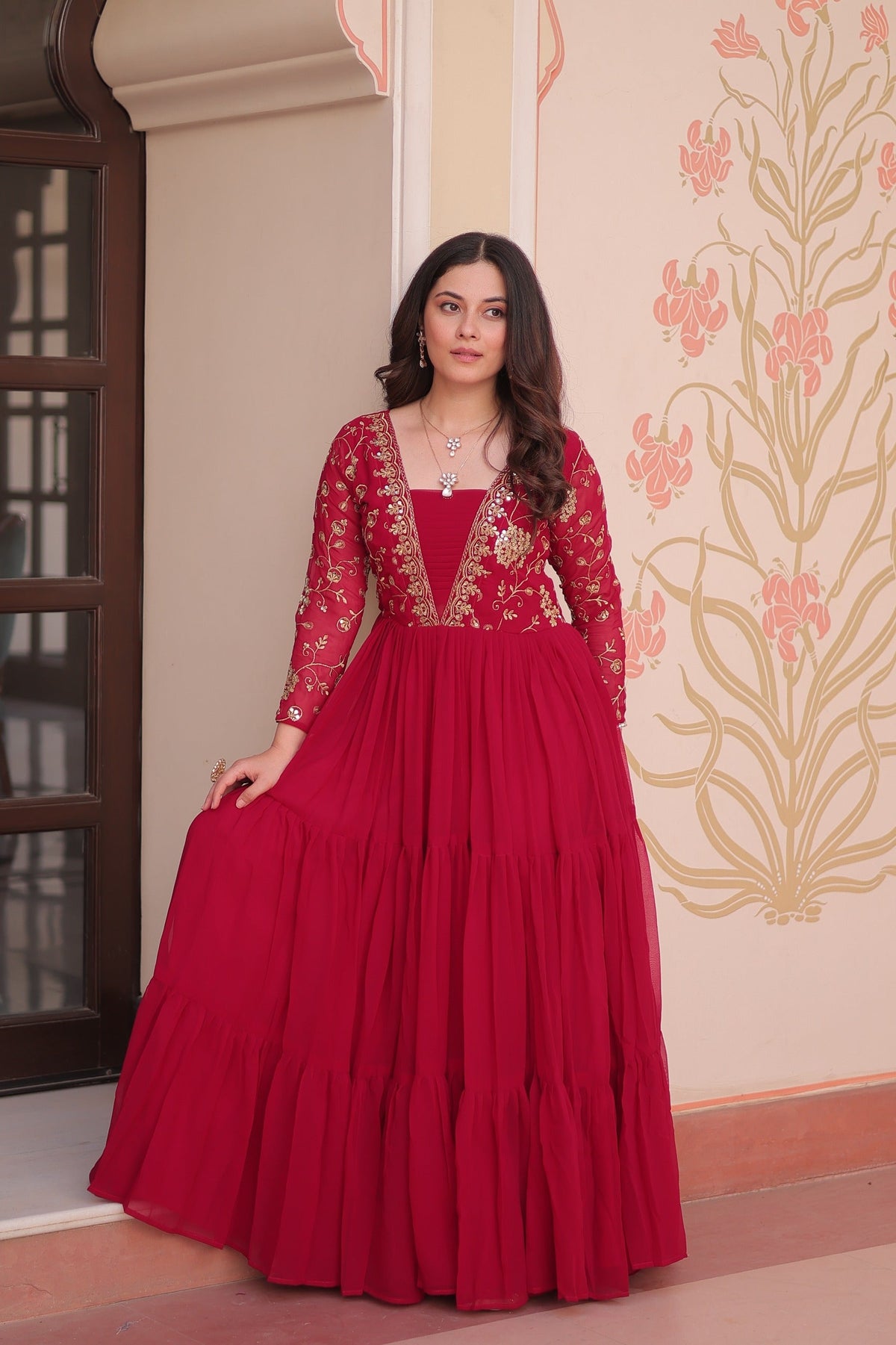 Prazu Fashion Pink Georgette Embroidered Designer Gown | Grocsy