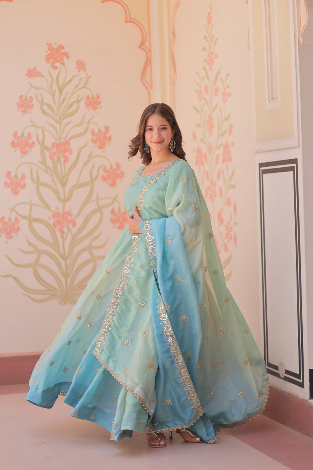 Prazu Fashion Sky Blue Organza Embroidered Gown With Dupatta | Grocsy