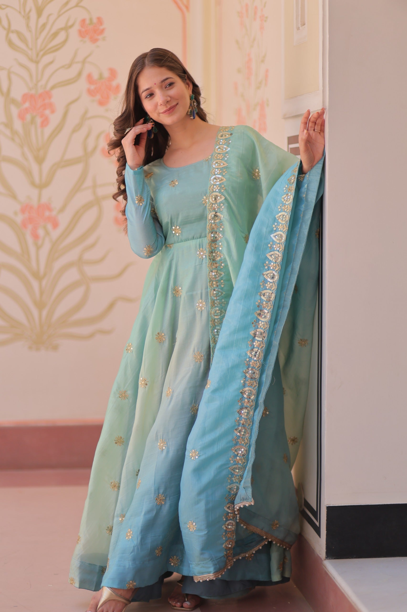 Prazu Fashion Sky Blue Organza Embroidered Gown With Dupatta | Grocsy
