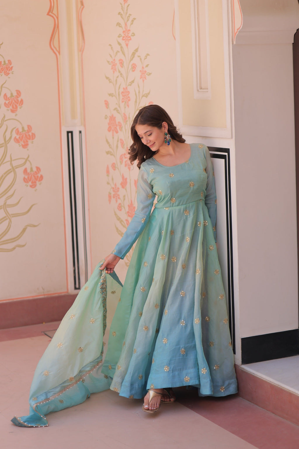 Prazu Fashion Sky Blue Organza Embroidered Gown With Dupatta | Grocsy