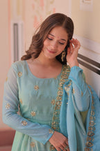 Prazu Fashion Sky Blue Organza Embroidered Gown With Dupatta | Grocsy