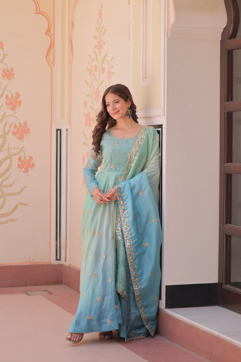 Prazu Fashion Sky Blue Organza Embroidered Gown With Dupatta | Grocsy