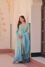 Prazu Fashion Sky Blue Organza Embroidered Gown With Dupatta | Grocsy