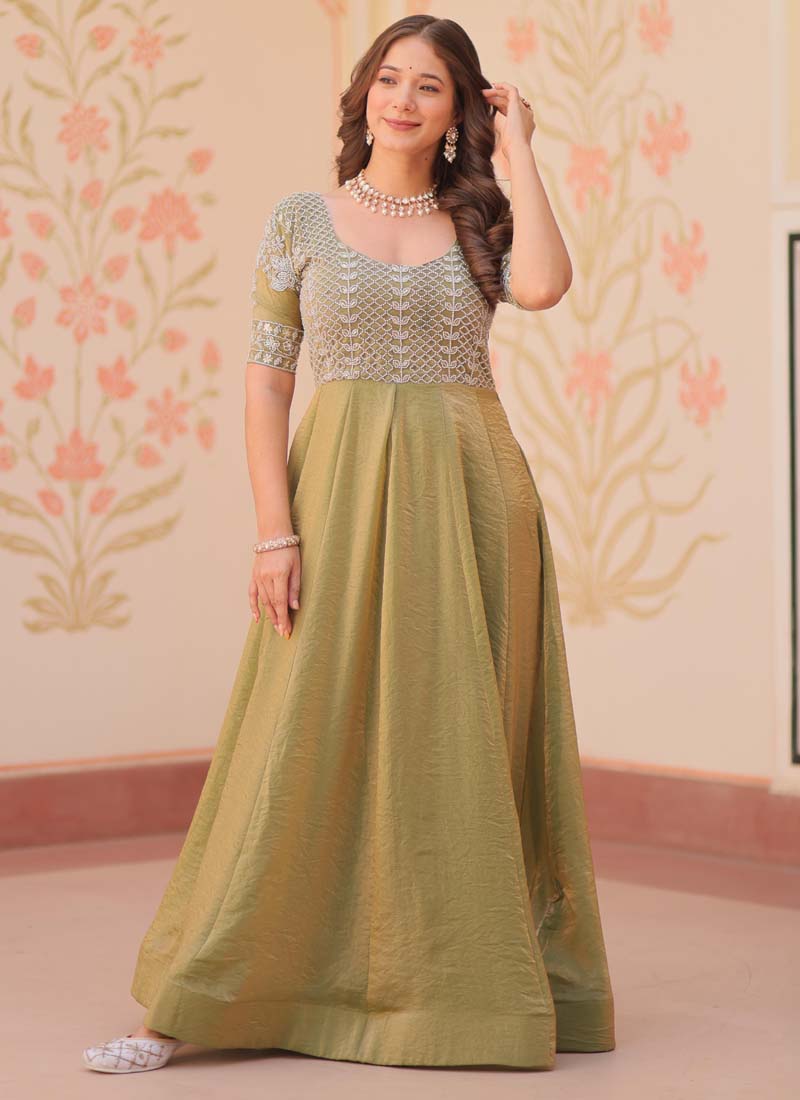 Prazu Fashion Mahendi Silk Beads Embroidered Gown | Grocsy