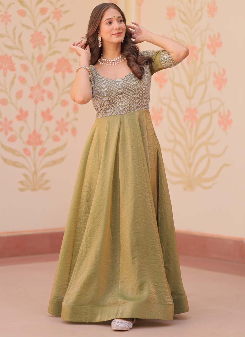 Prazu Fashion Mahendi Silk Beads Embroidered Gown | Grocsy