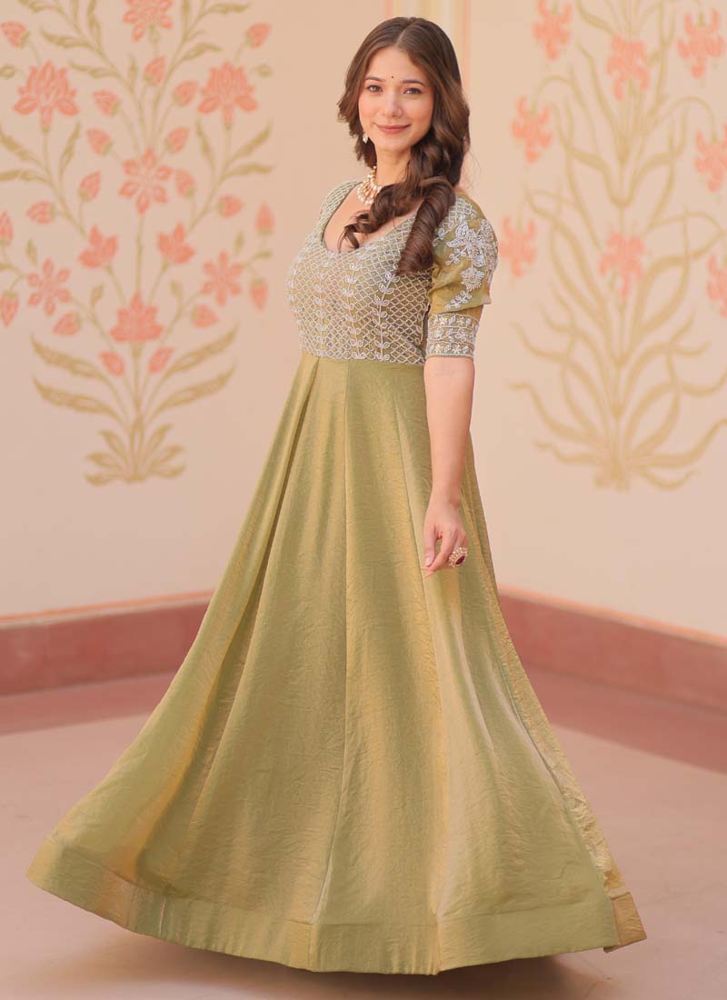 Prazu Fashion Mahendi Silk Beads Embroidered Gown | Grocsy
