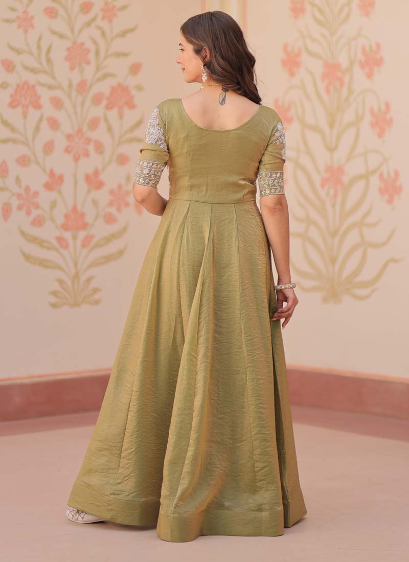 Prazu Fashion Mahendi Silk Beads Embroidered Gown | Grocsy