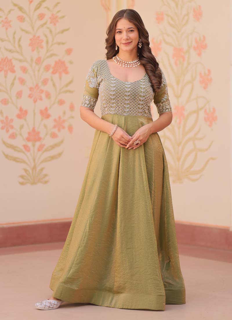 Prazu Fashion Mahendi Silk Beads Embroidered Gown | Grocsy