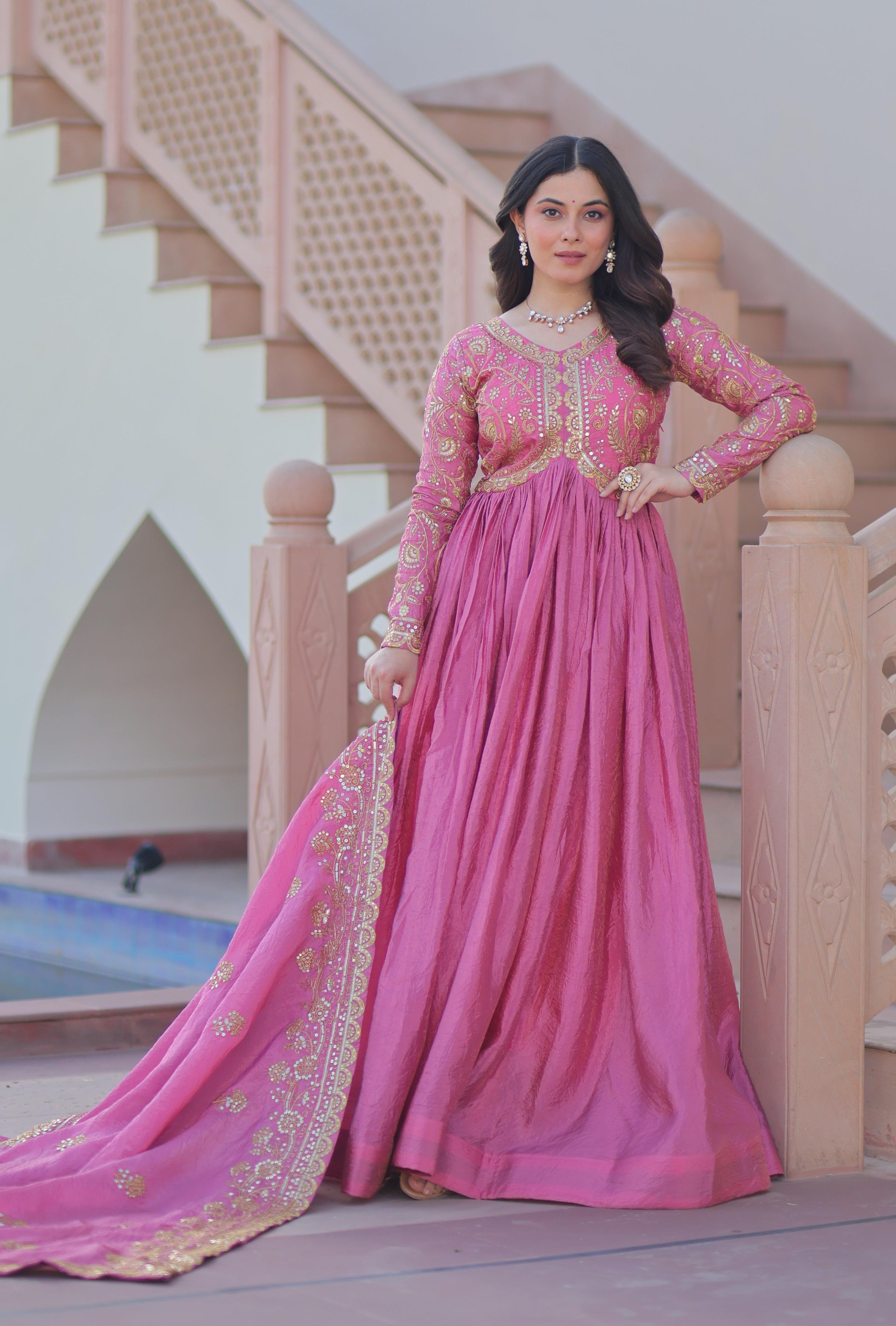 Vedant Vastram Russian Silk Embroidery & Sequence Work Stitched Ethnic Gown-Pink | Grocsy
