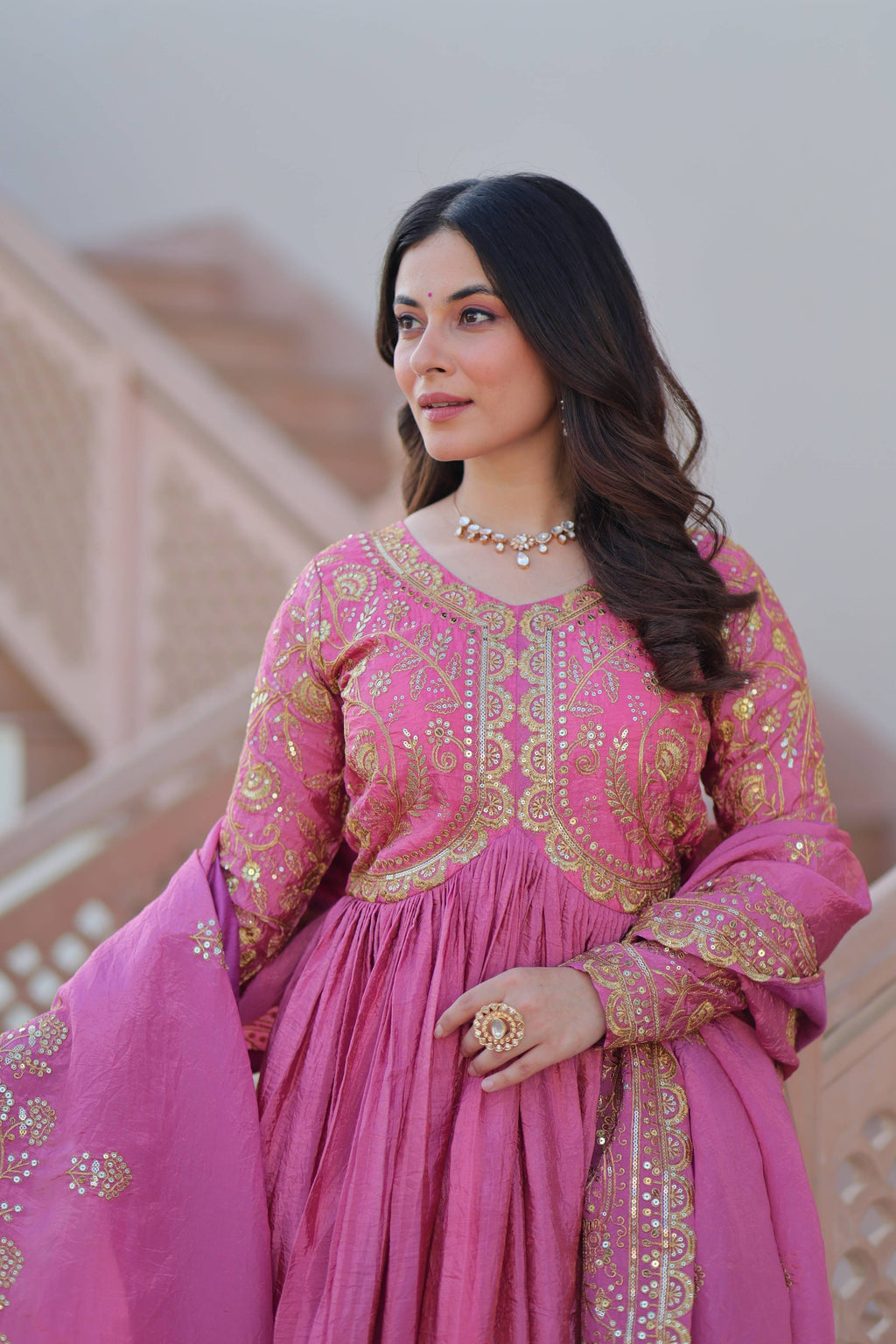 Vedant Vastram Russian Silk Embroidery & Sequence Work Stitched Ethnic Gown-Pink | Grocsy