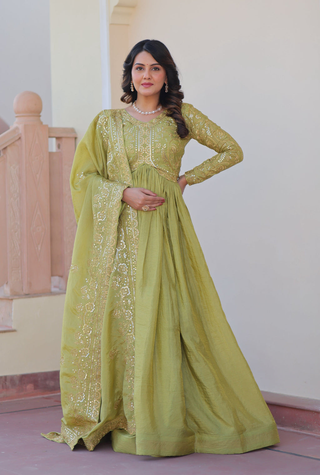 Vedant Vastram Russian Silk Embroidery & Sequence Work Stitched Ethnic Gown-Pista | Grocsy