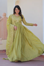 Vedant Vastram Russian Silk Embroidery & Sequence Work Stitched Ethnic Gown-Pista | Grocsy