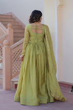 Vedant Vastram Russian Silk Embroidery & Sequence Work Stitched Ethnic Gown-Pista | Grocsy