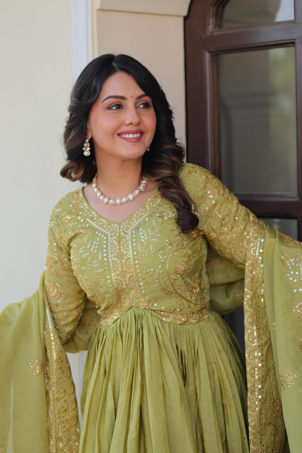 Vedant Vastram Russian Silk Embroidery & Sequence Work Stitched Ethnic Gown-Pista | Grocsy
