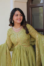 Vedant Vastram Russian Silk Embroidery & Sequence Work Stitched Ethnic Gown-Pista | Grocsy