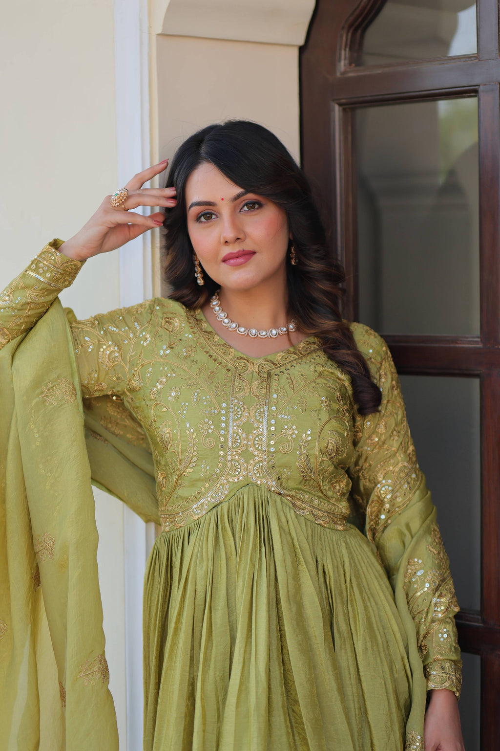 Vedant Vastram Russian Silk Embroidery & Sequence Work Stitched Ethnic Gown-Pista | Grocsy