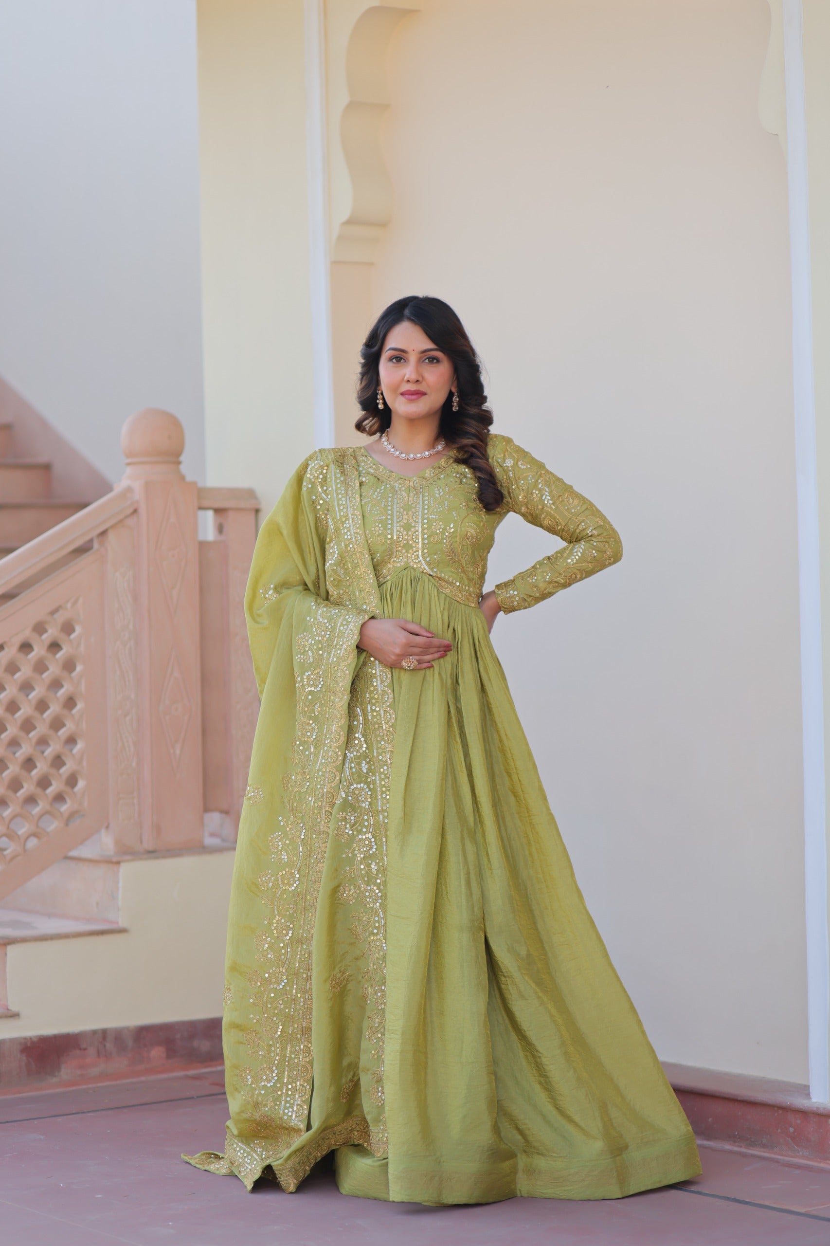 Prazu Fashion Parrot Green Gold Cursh Sequence Gown With Dupatta | Grocsy