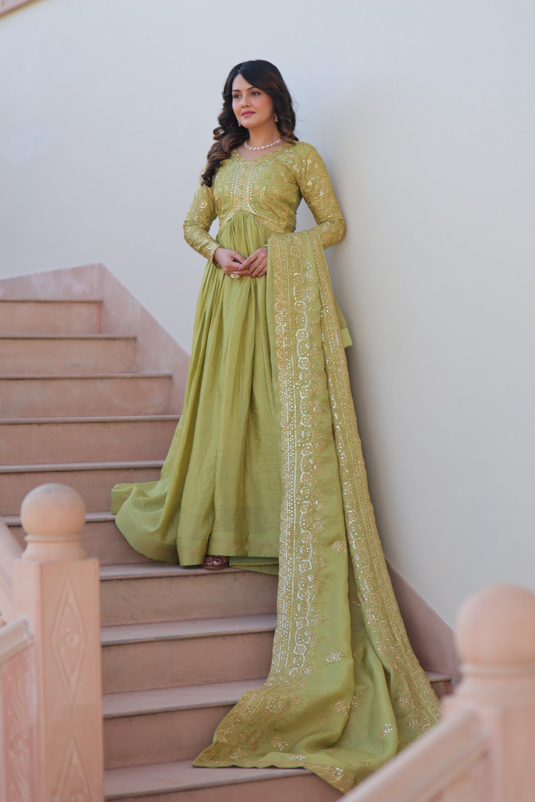 Prazu Fashion Parrot Green Gold Cursh Sequence Gown With Dupatta | Grocsy