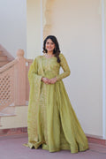 Prazu Fashion Parrot Green Gold Cursh Sequence Gown With Dupatta | Grocsy