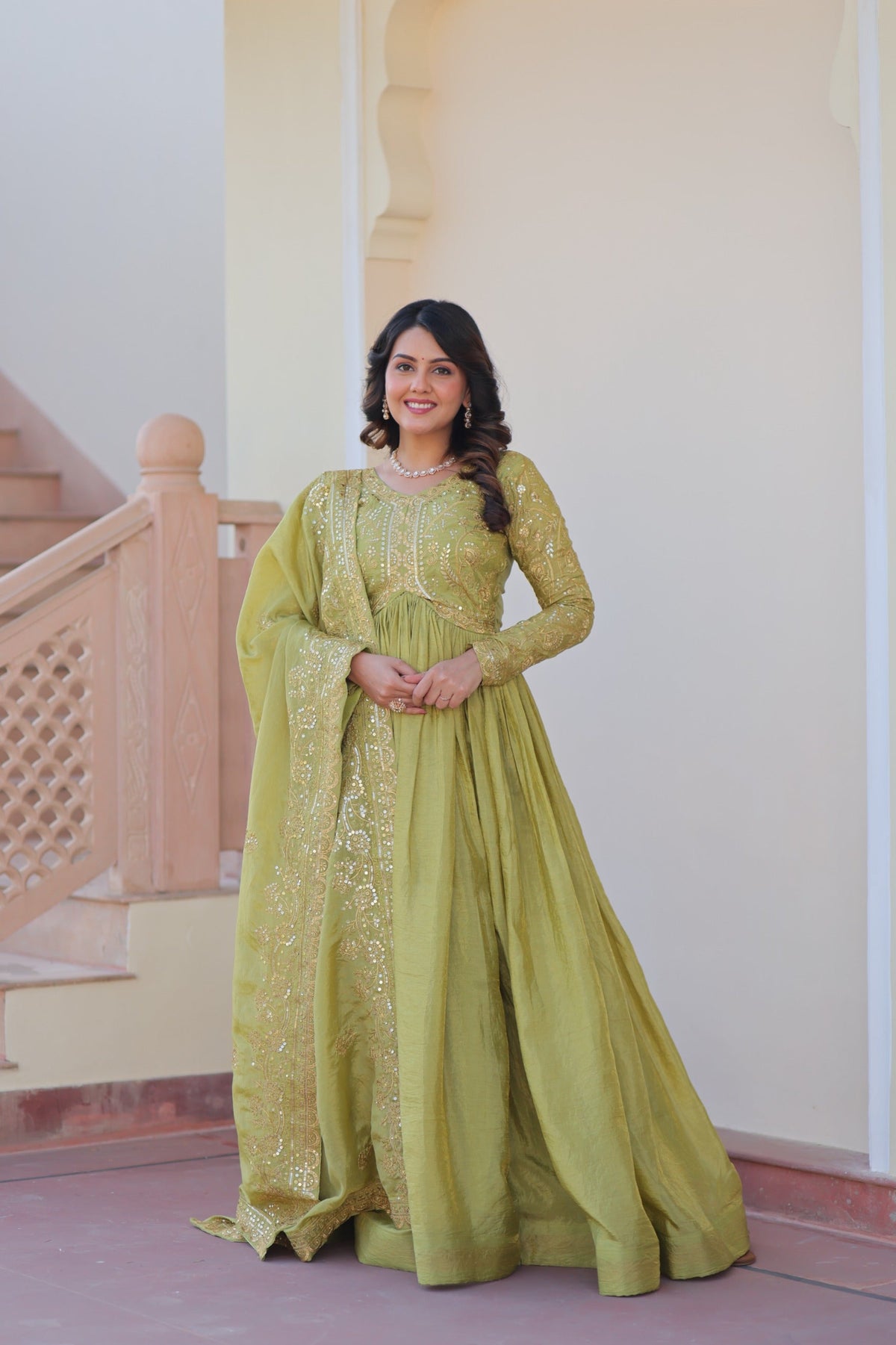 Prazu Fashion Parrot Green Gold Cursh Sequence Gown With Dupatta | Grocsy