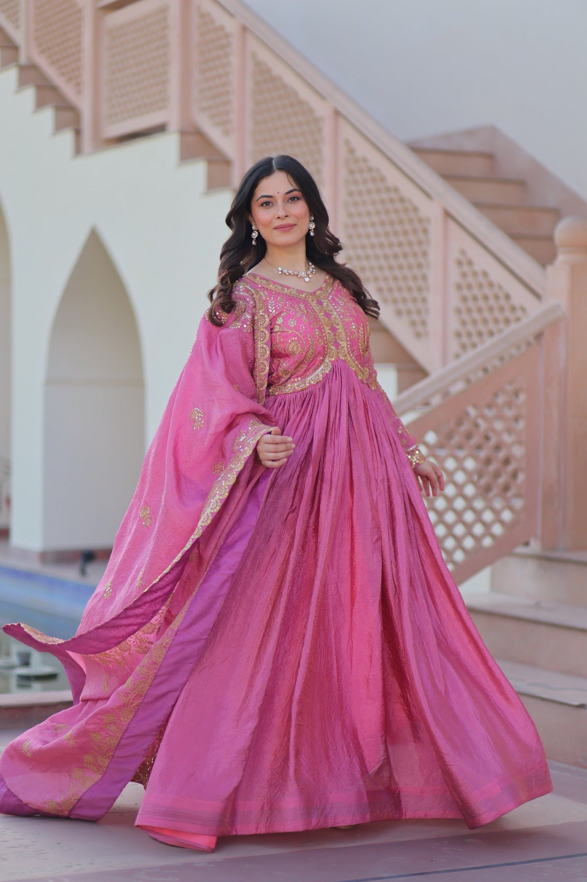 Prazu Fashion Light Pink Gold Cursh Sequence Gown With Dupatta | Grocsy