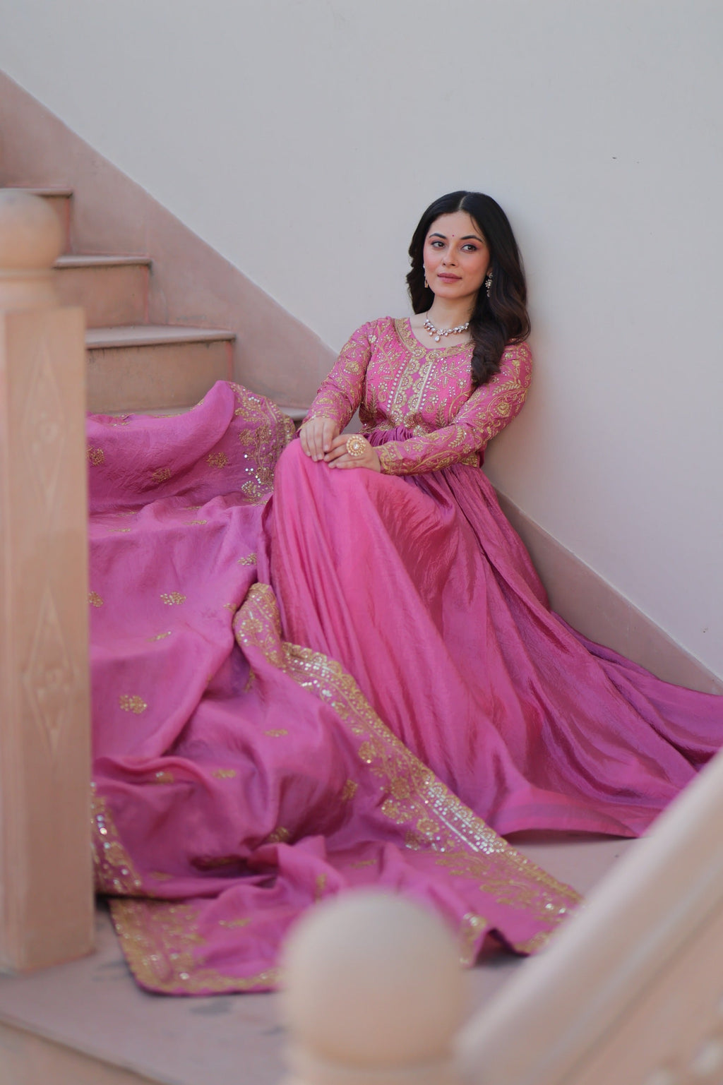 Prazu Fashion Light Pink Gold Cursh Sequence Gown With Dupatta | Grocsy