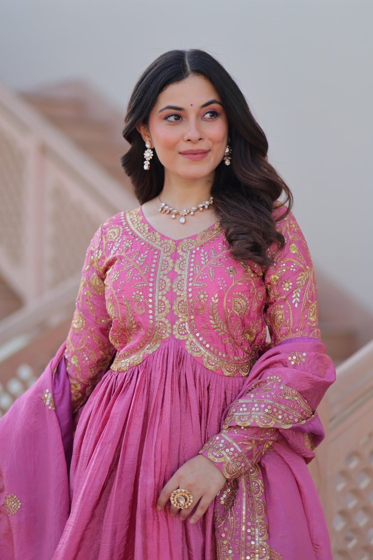 Prazu Fashion Light Pink Gold Cursh Sequence Gown With Dupatta | Grocsy