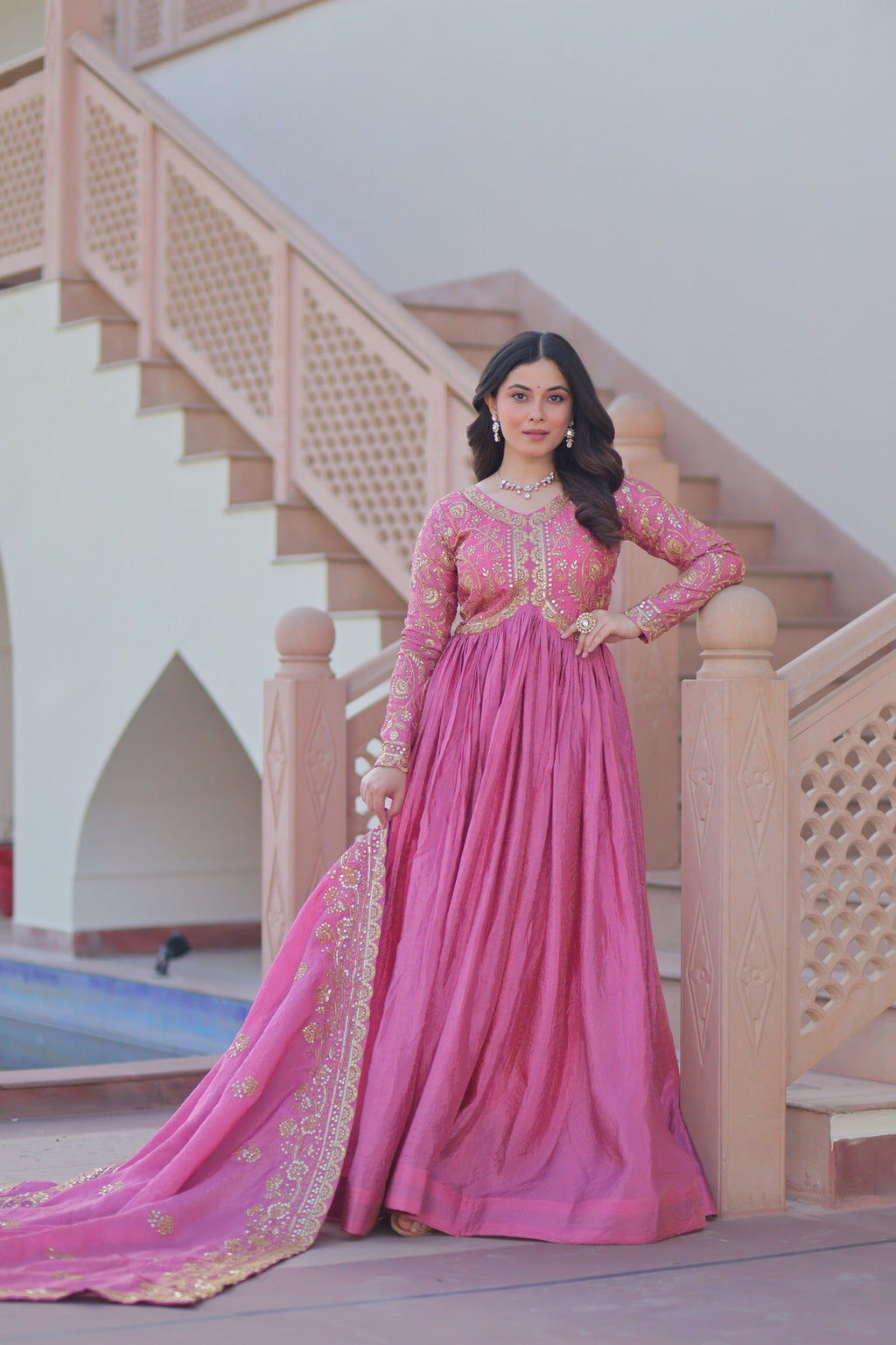 Prazu Fashion Light Pink Gold Cursh Sequence Gown With Dupatta | Grocsy