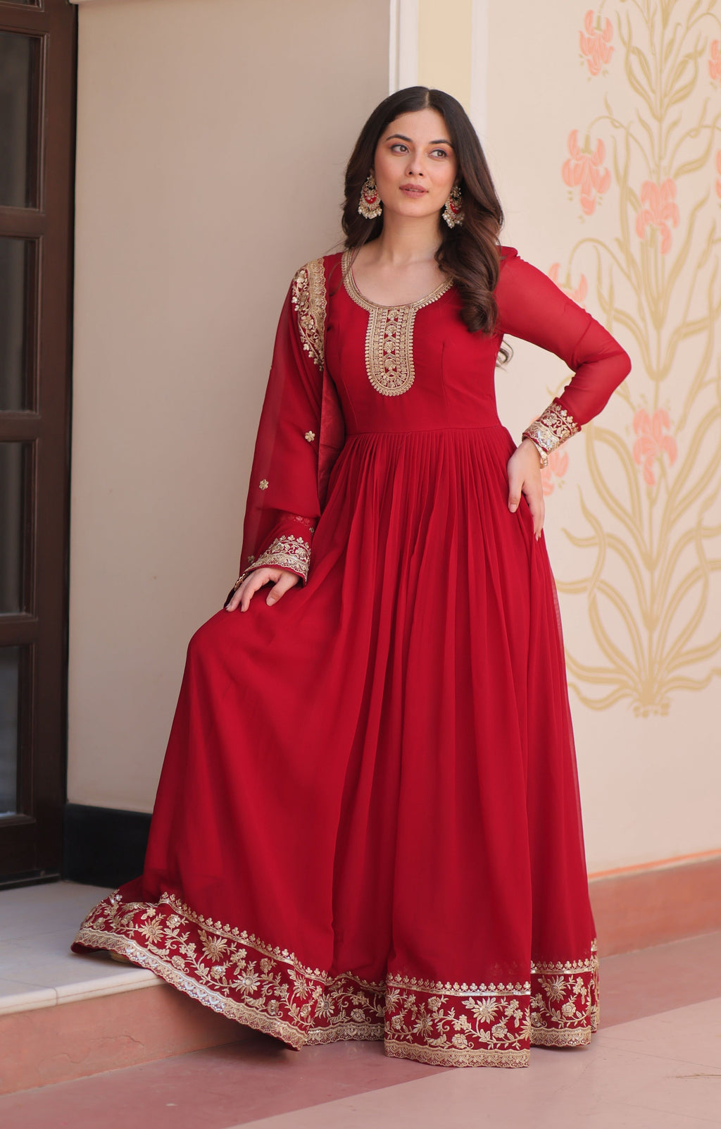 Vedant Vastram Georgette Embroidery & Sequence Work Stitched Ethnic Gown-Maroon | Grocsy