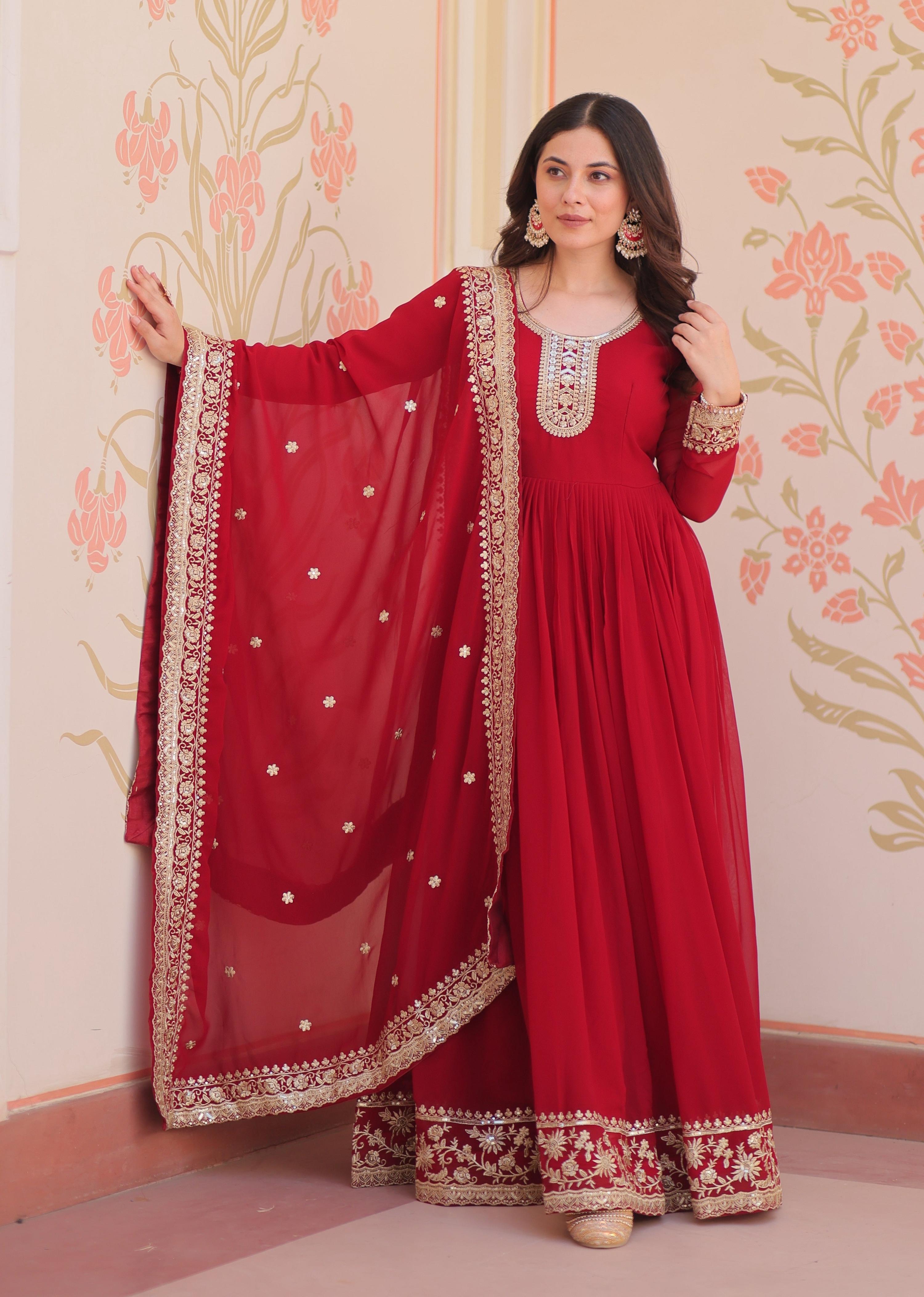 Vedant Vastram Georgette Embroidery & Sequence Work Stitched Ethnic Gown-Maroon | Grocsy