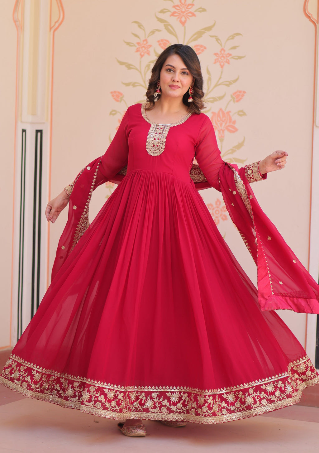 Vedant Vastram Georgette Embroidery & Sequence Work Stitched Ethnic Gown-Pink | Grocsy