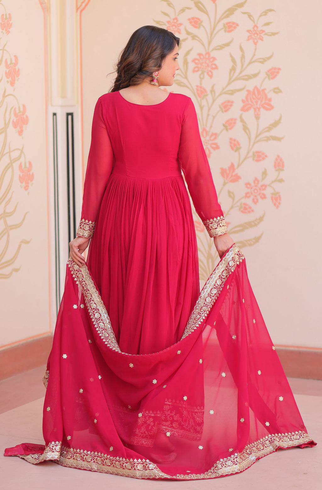 Vedant Vastram Georgette Embroidery & Sequence Work Stitched Ethnic Gown-Pink | Grocsy