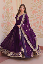 Vedant Vastram Georgette Embroidery & Sequence Work Stitched Ethnic Gown-Purple | Grocsy