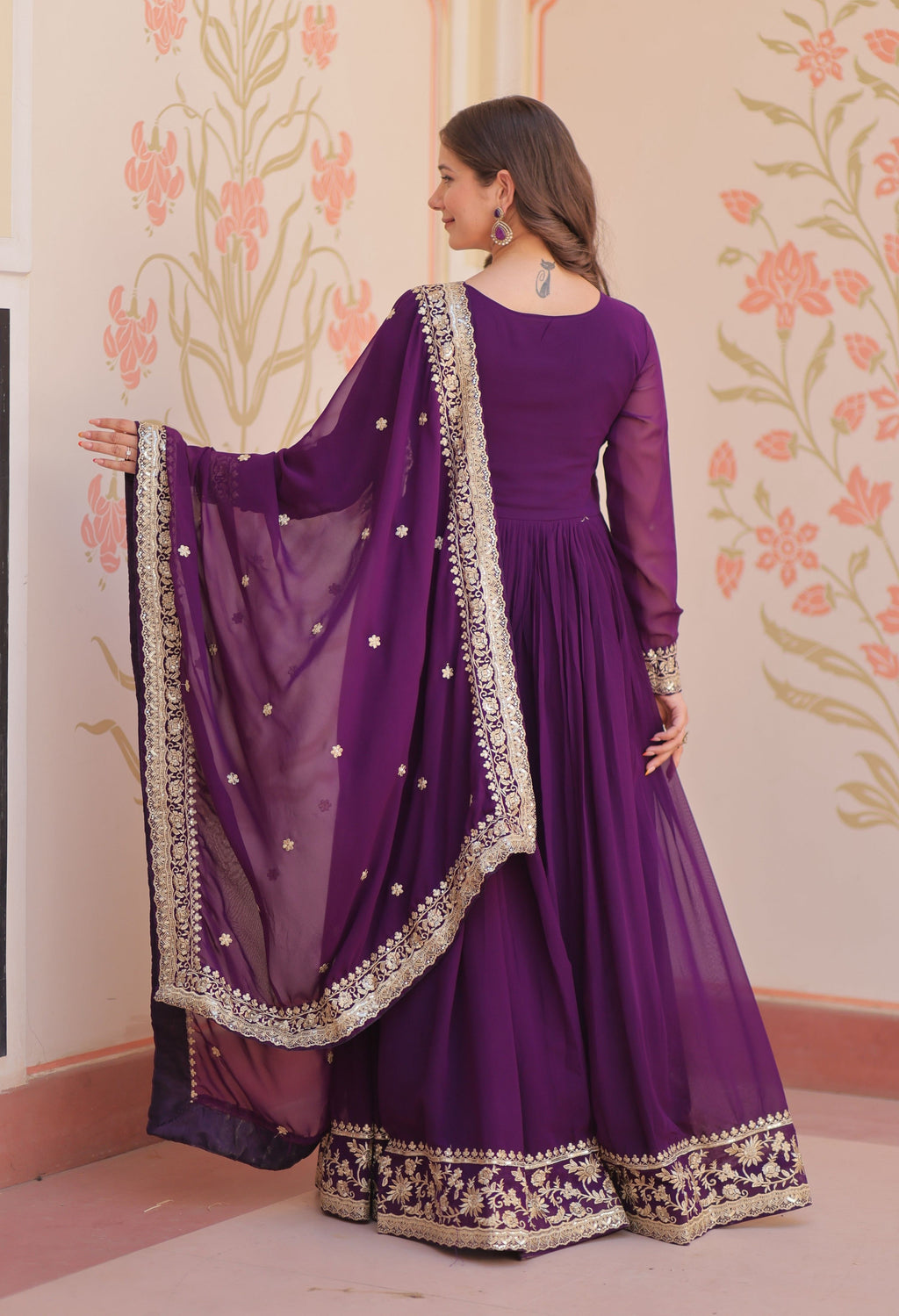 Vedant Vastram Georgette Embroidery & Sequence Work Stitched Ethnic Gown-Purple | Grocsy