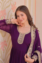 Vedant Vastram Georgette Embroidery & Sequence Work Stitched Ethnic Gown-Purple | Grocsy