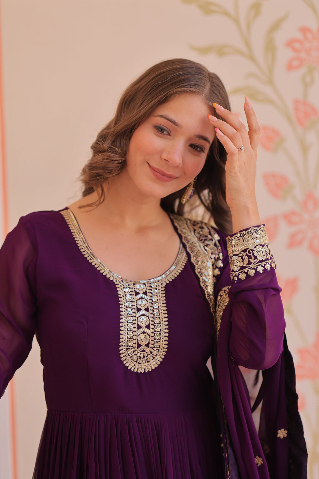 Vedant Vastram Georgette Embroidery & Sequence Work Stitched Ethnic Gown-Purple | Grocsy