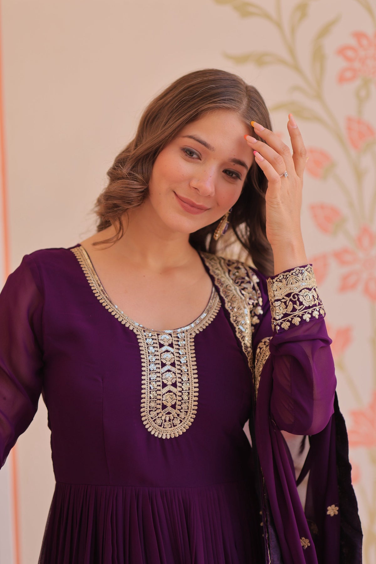 Vedant Vastram Georgette Embroidery & Sequence Work Stitched Ethnic Gown-Purple | Grocsy