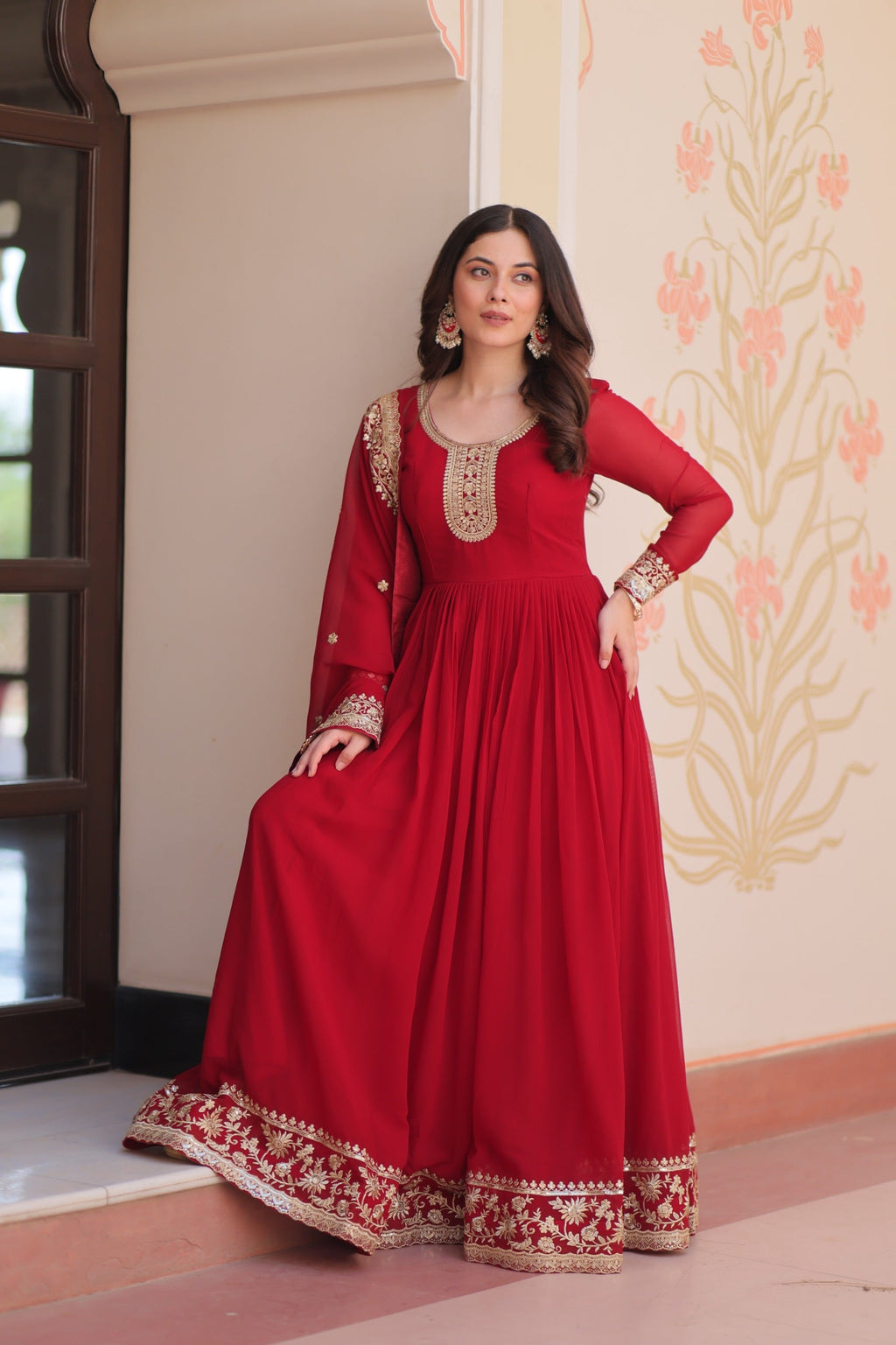 Prazu Fashion Maroon Georgette Zari & Sequins Embroidered Gown | Grocsy