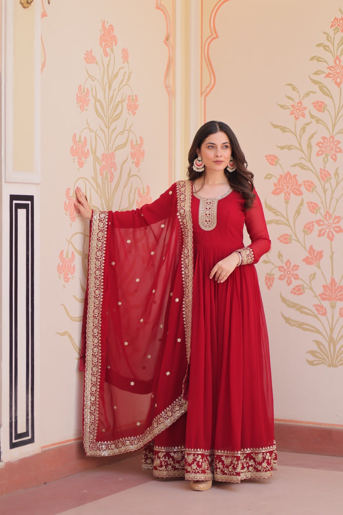 Prazu Fashion Maroon Georgette Zari & Sequins Embroidered Gown | Grocsy