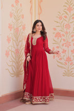 Prazu Fashion Maroon Georgette Zari & Sequins Embroidered Gown | Grocsy
