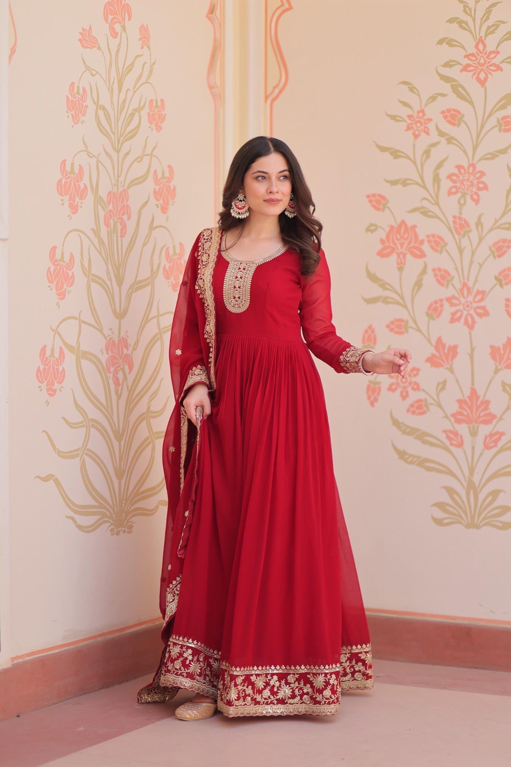 Prazu Fashion Maroon Georgette Zari & Sequins Embroidered Gown | Grocsy