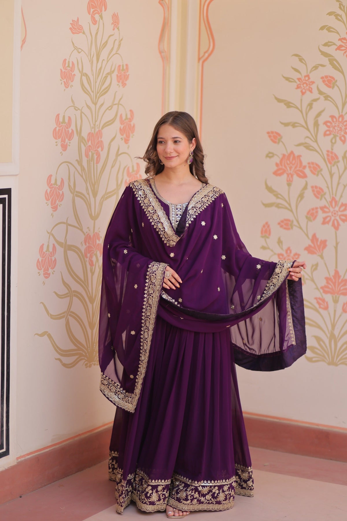 Prazu Fashion Purple Georgette Zari & Sequins Embroidered Gown | Grocsy