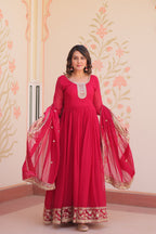 Prazu Fashion Rani Pink Georgette Zari & Sequins Embroidered Gown | Grocsy