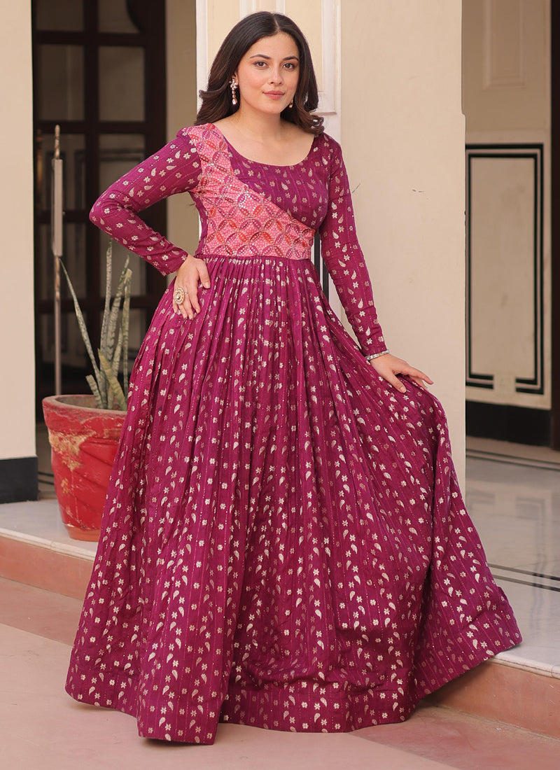 Prazu Fashion Wine Silk Position Print Jacquard Weaving Gown | Grocsy
