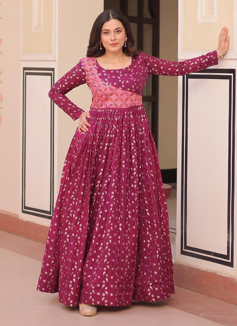 Prazu Fashion Wine Silk Position Print Jacquard Weaving Gown | Grocsy