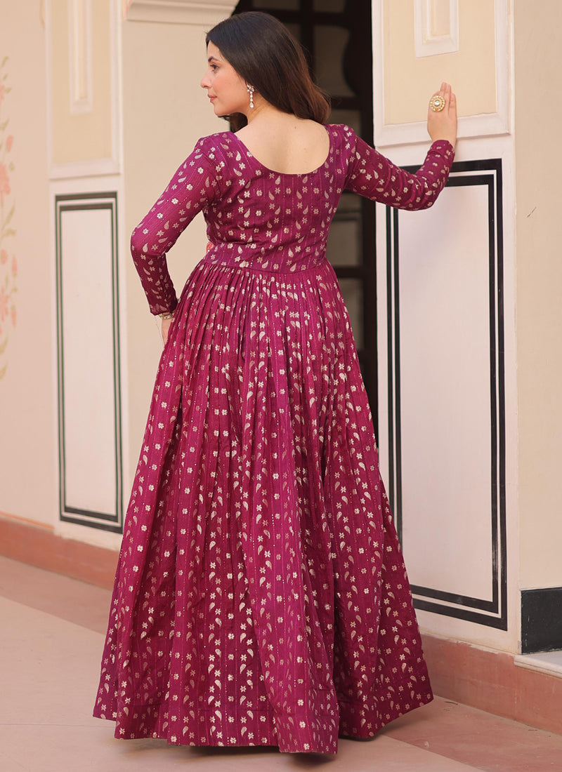 Prazu Fashion Wine Silk Position Print Jacquard Weaving Gown | Grocsy