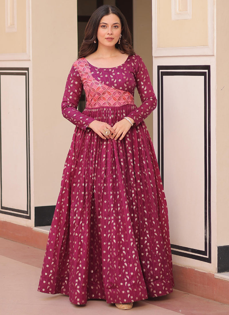 Prazu Fashion Wine Silk Position Print Jacquard Weaving Gown | Grocsy