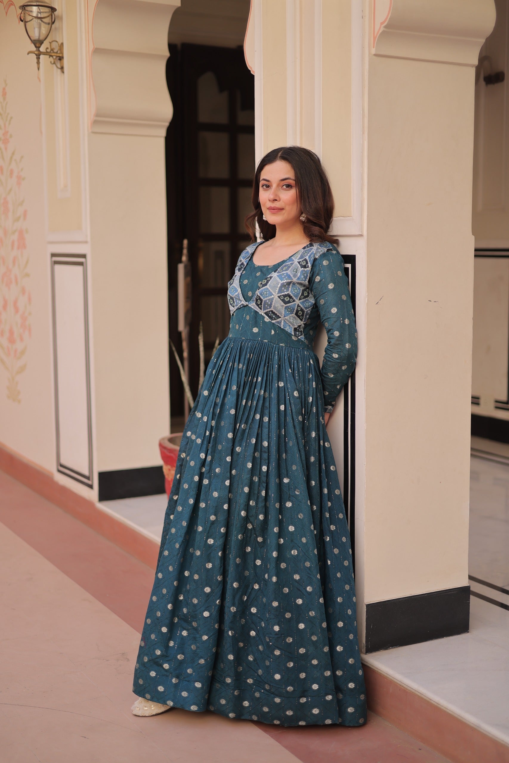 Prazu Fashion Rama Position Print Choli With Staple Jequard Weaving Work Gown | Grocsy